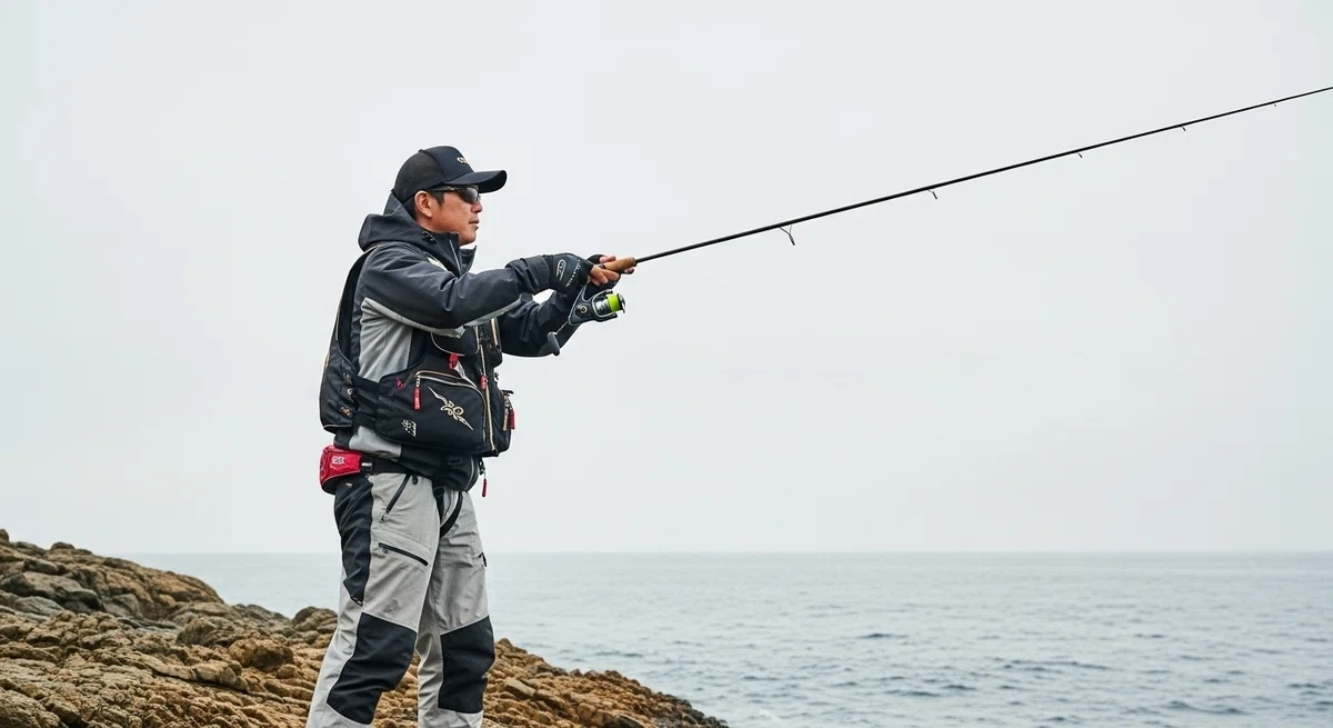 釣り人の真剣な姿と少しワイルドな背景