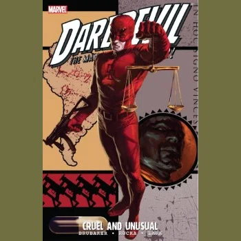 Daredevil: Cruel and Unusual カバー画像。右手にボウガンのようなもの、左手に天秤を持つデアデビル。天秤にはフィスクらしき人物の顔が映っている