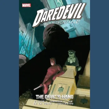 Daredevil: The Devil's Hand カバー画像。獣の彫像のそばで佇むデアデビル。その背後に巨大なフィスクの影がある