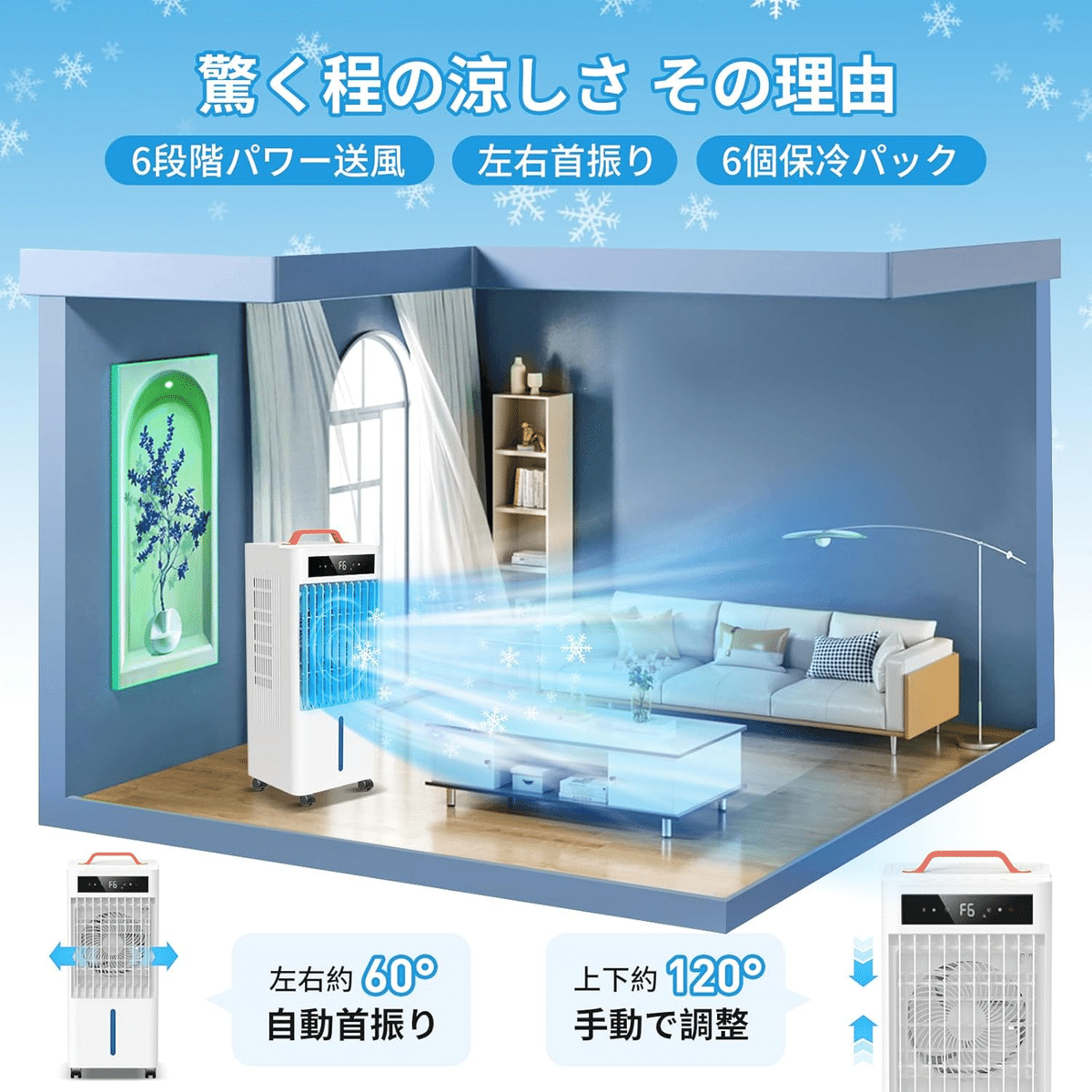 【冷風機10L大容量 45W省エネ】首振り 風量6段階 保冷パック キャスター付 2025年最新冷風機】10L大容量で静音&省エネ!猛暑対策に