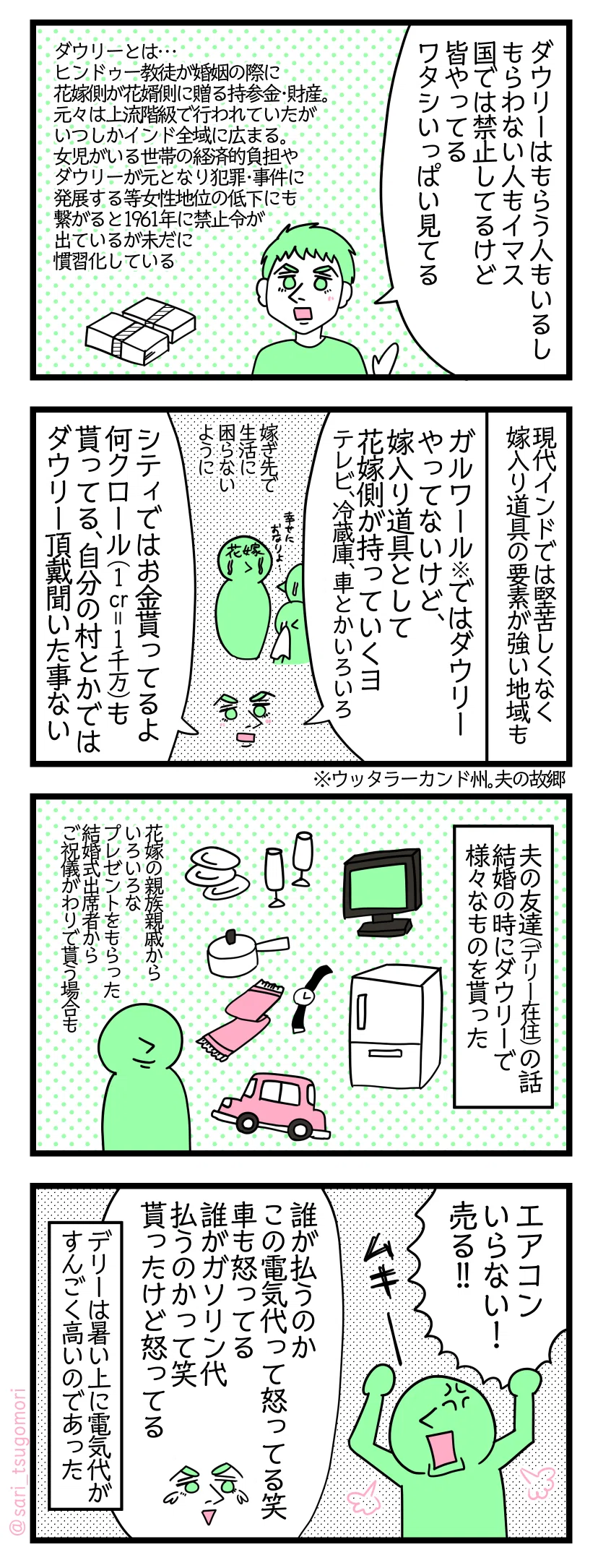 ４コマ漫画のテキスト
１：ダウリーは続いている
夫「ダウリーはもらう人もいるしもらわない人イマス。国では禁止してるけど皆やってる。ワタシいっぱい見てる」 ダウリーとは…ヒンドゥー教徒が婚姻の際に花嫁側が花婿側に贈る持参金・財産。元々は上流階級で行われていたがいつしかインド全域に広まる。女児がいる世帯の経済的負担やダウリーが元となり犯罪・事件に発展する等女性地位の低下にも繋がると1961年に禁止令が出ているが未だに慣習化している。
２：嫁入り道具の要素としても
現代インドでは堅苦しくなく嫁入り道具の要素が強い地域もある 夫「ガルワール※ではダウリーやってないけど、嫁入り道具として花嫁側が持っていくヨ（テレビ、冷蔵庫、車とかいろいろ）」嫁ぎ先で生活に困らないように。「シティではお金で貰ってるよ　何クロール（1 cr = 1千万）も貰ってる。自分の村とかではダウリー頂戴って言うの聞いたことない」 ※ウッタラーカンド州。夫の故郷
３：夫の友達（デリー在住）の話
友人は結婚の時にダウリーで様々なものを貰った。花嫁の親族親戚からいろいろなプレゼントをもらった。結婚式出席者からご祝儀がわりで貰う場合も。
４：貰い物にキレる
夫の友達「エアコンいらない！　売る！」 夫「誰が払うのかこの電気代って怒ってる笑。車にも怒ってる。誰がガソリン代払うのかって笑。もらったけど怒ってる」デリーは暑い上に電気代がすんごく高いのであった