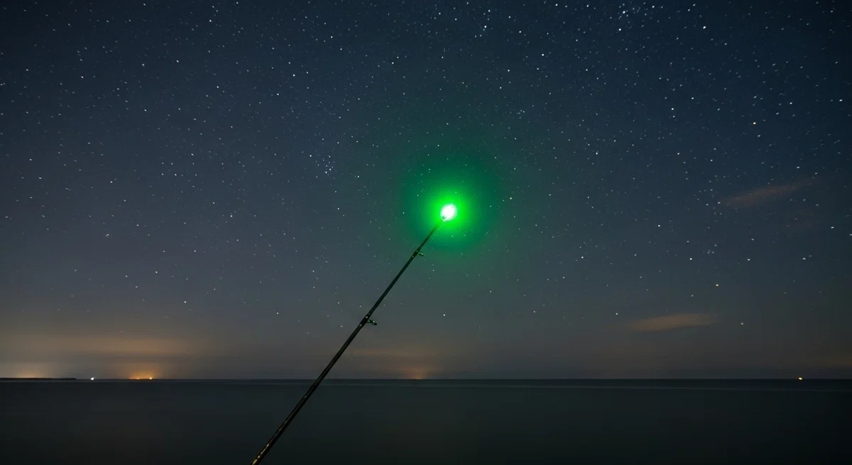 満天の星空を背景に、ケミホタルの緑色の光だけが浮かび上がる竿先の写真