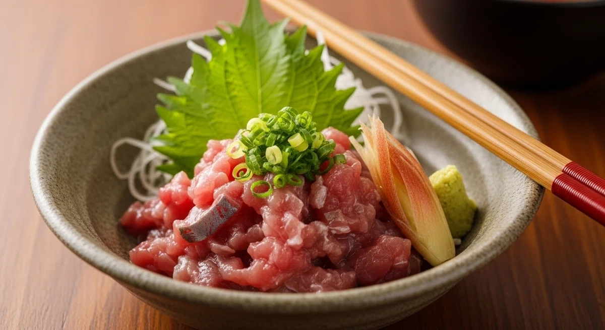 温かみのある照明の下、美しく盛り付けられたアジのなめろうの接写。