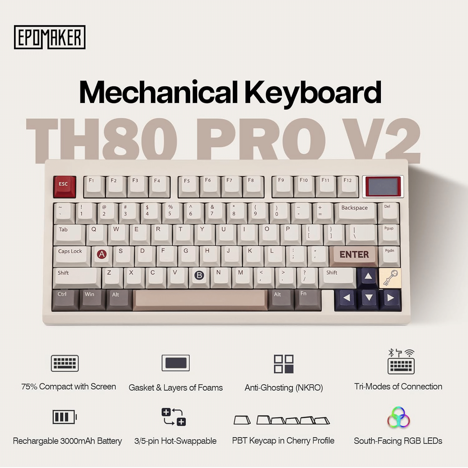 EPOMAKER TH80 PRO V2 ワイヤレス ゲーミングキーボード Retro White