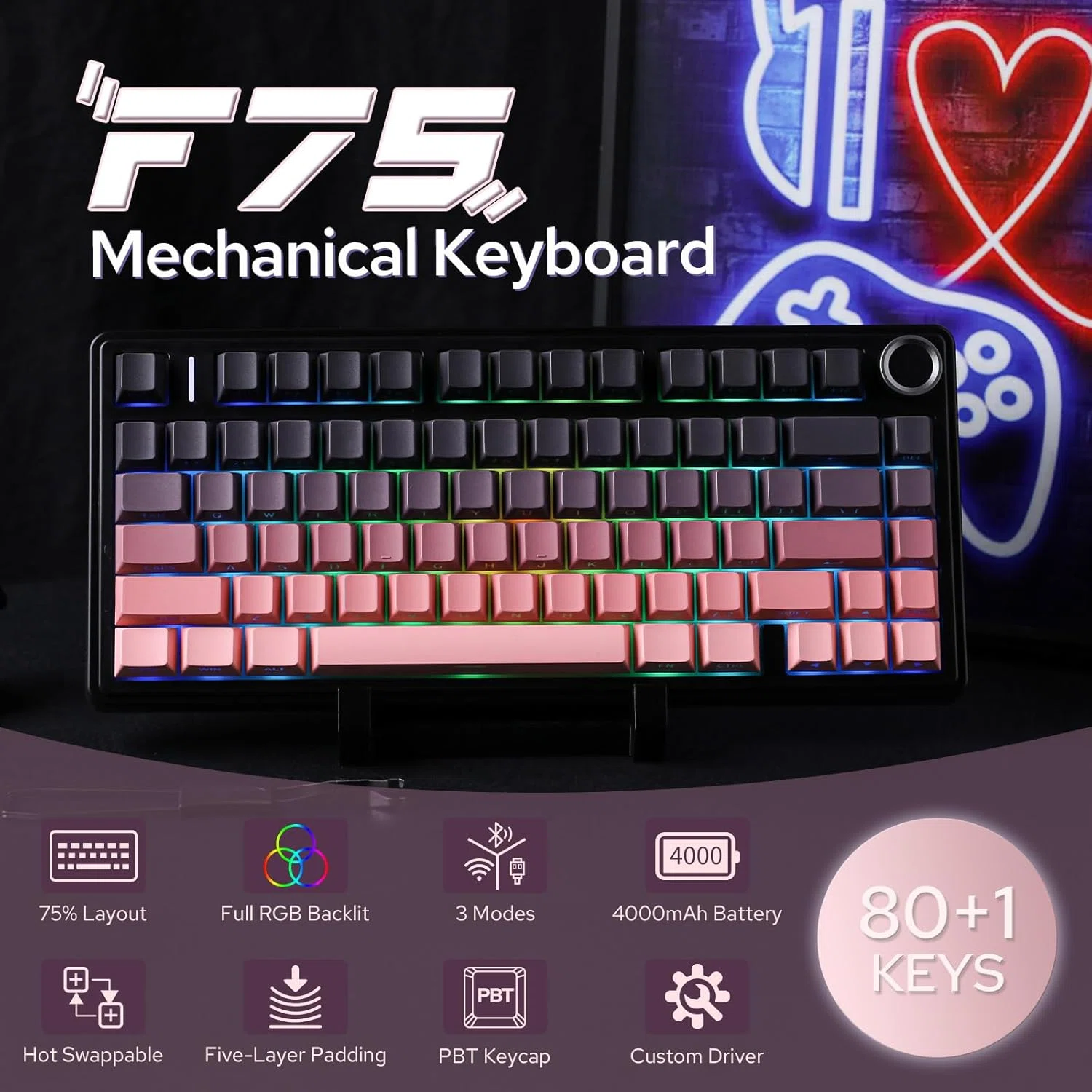 EPOMAKER X Aula F75 75% ワイヤレスゲーミングキーボード Black Pink
