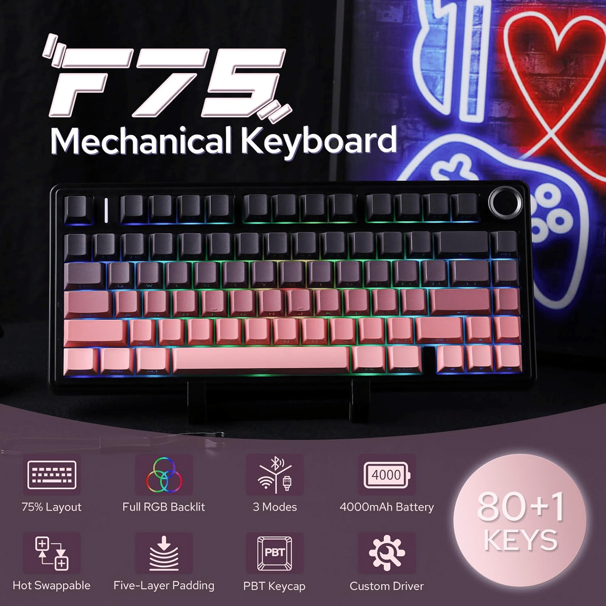 EPOMAKER X Aula F75 75% ワイヤレスゲーミングキーボード Black