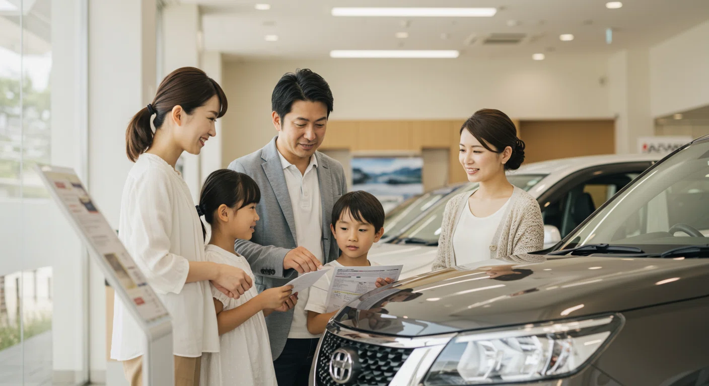 家族で車選びをする様子