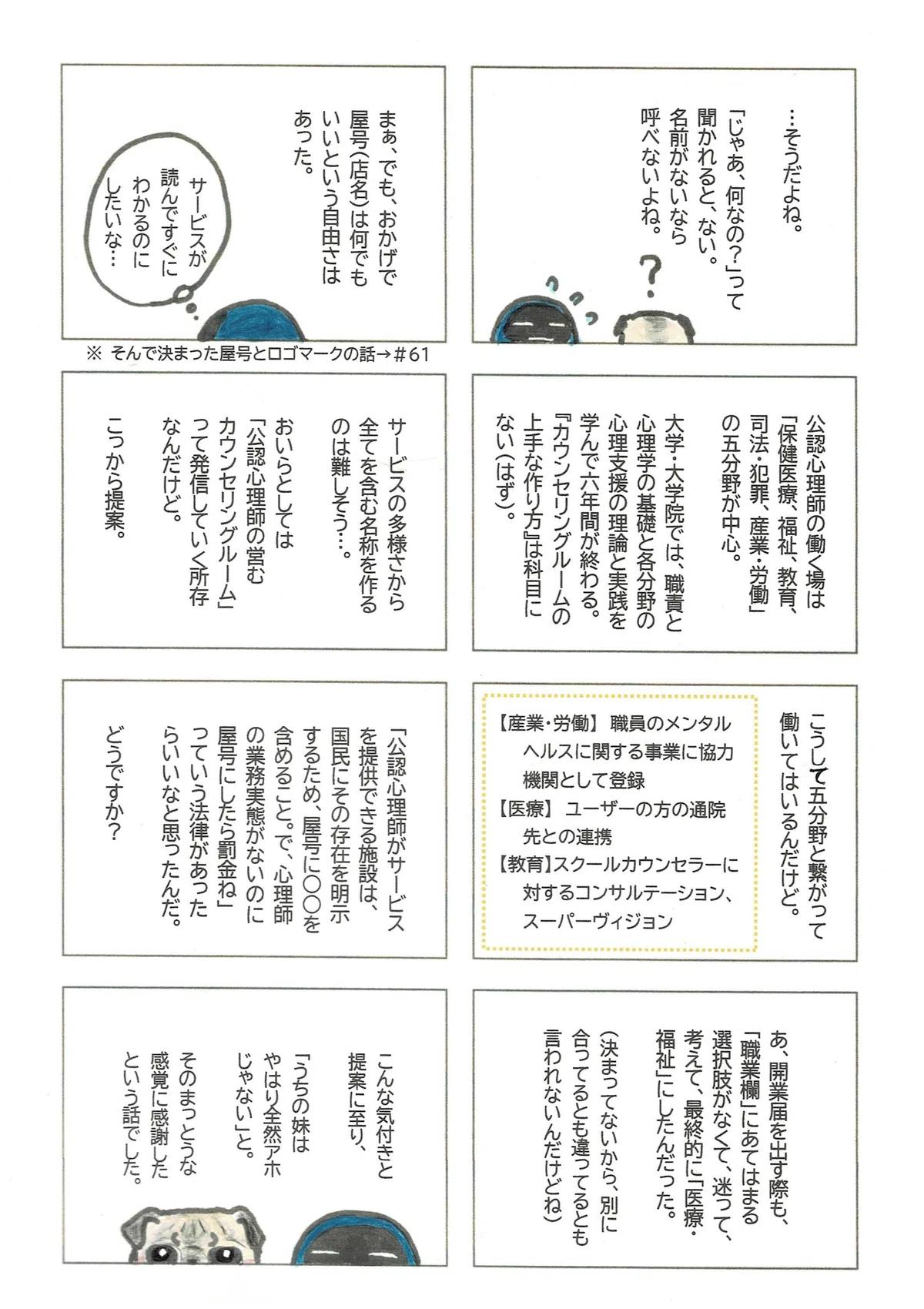 統一した名称を作るのが現実的ではない中で、心理師の認知を図る面からも、心理師がサービスを提供している場合はそれとわかる屋号にすること、って法で決まればいいのになということを提案してみました。