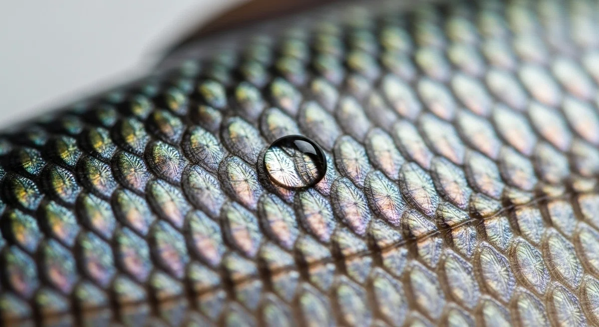 魚の生命感やみずみずしさを、一滴の水滴と美しい鱗のミクロな世界で表現。