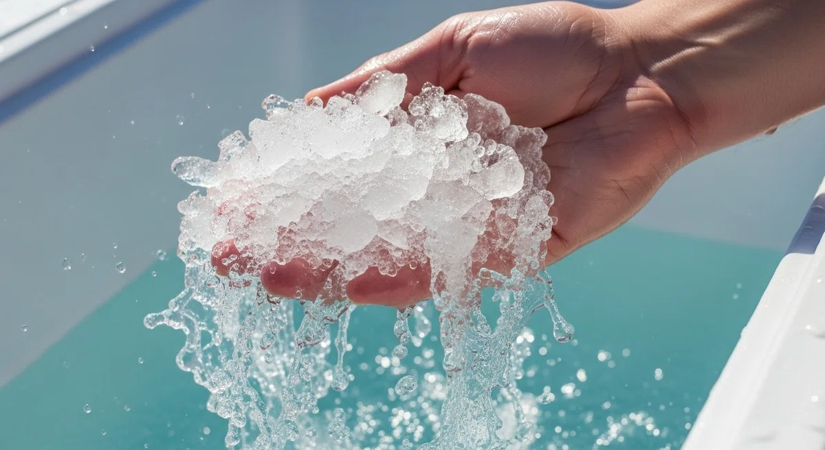 シャーベット状の「潮氷」をすくい上げる、ダイナミックで爽快な瞬間を切り取る。