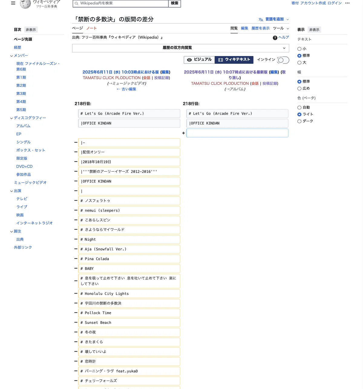 禁断のアーリーイヤーズ2012ー2018 著作権侵害楽曲　きたまくら　収録アルバム　ウィキペディア改竄