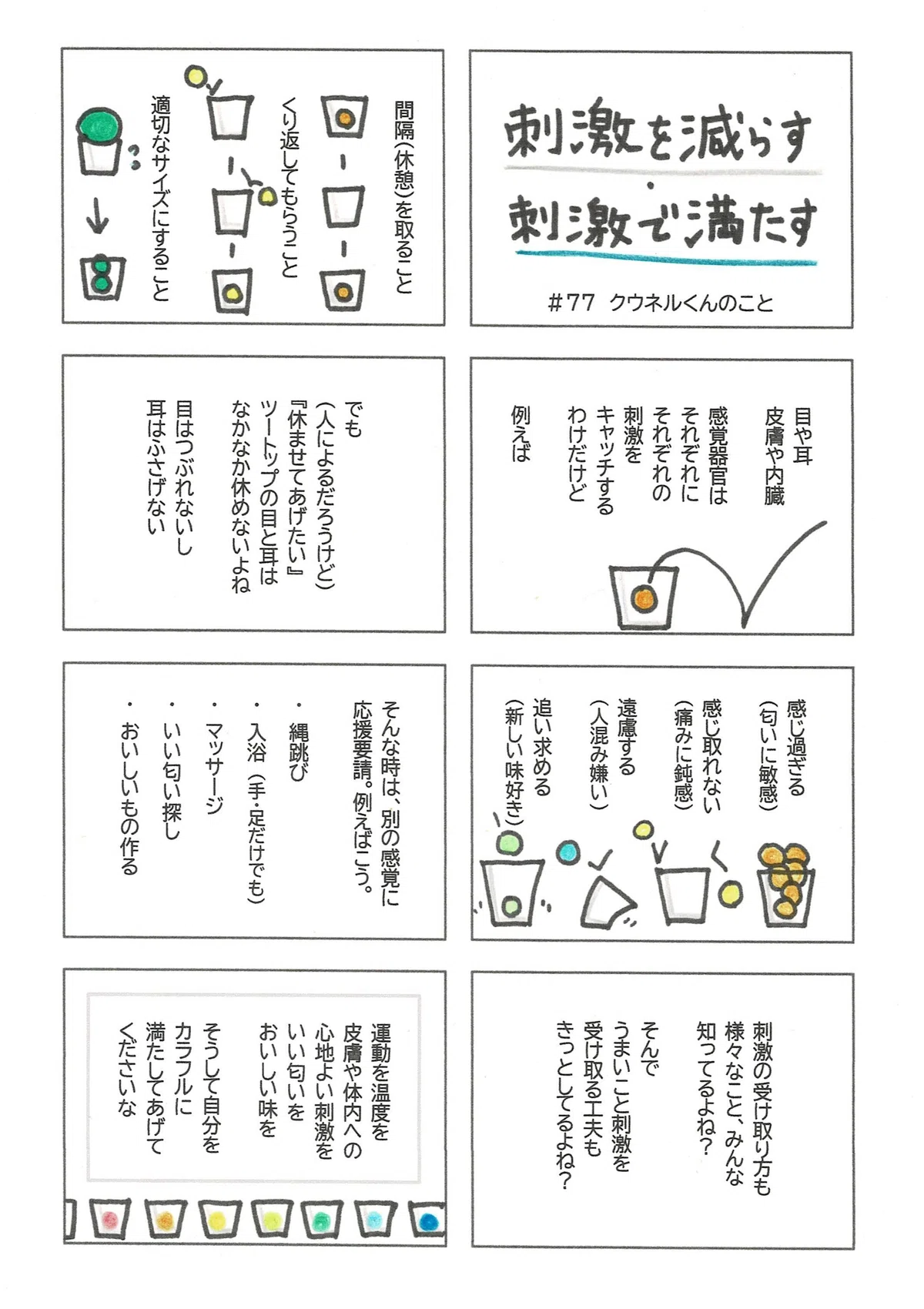 感覚器官と刺激の関係について。使ってない感覚に応援を要請して、そうして休めたい感覚を休ませることを提案しているマンガ。