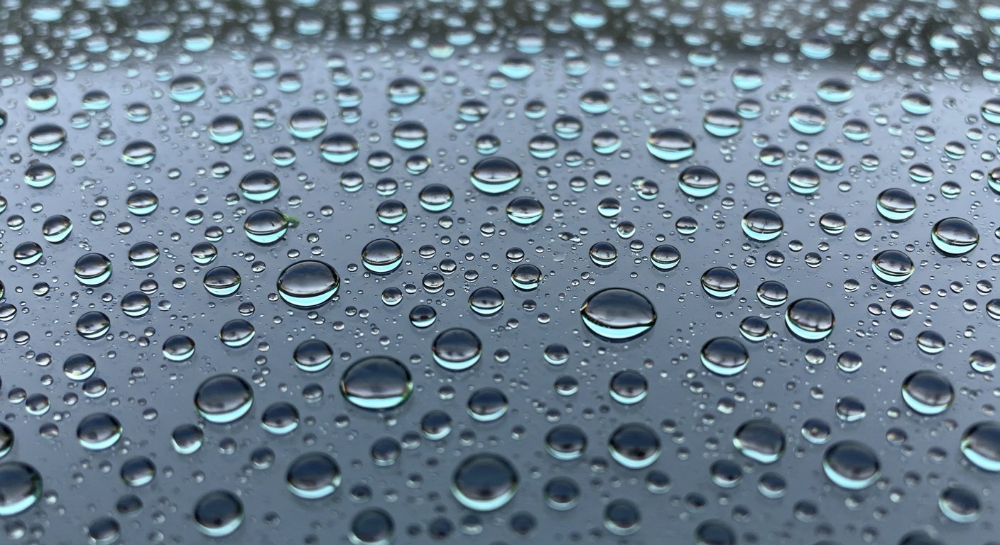 水滴が撥水するフロントガラスのクローズアップ
