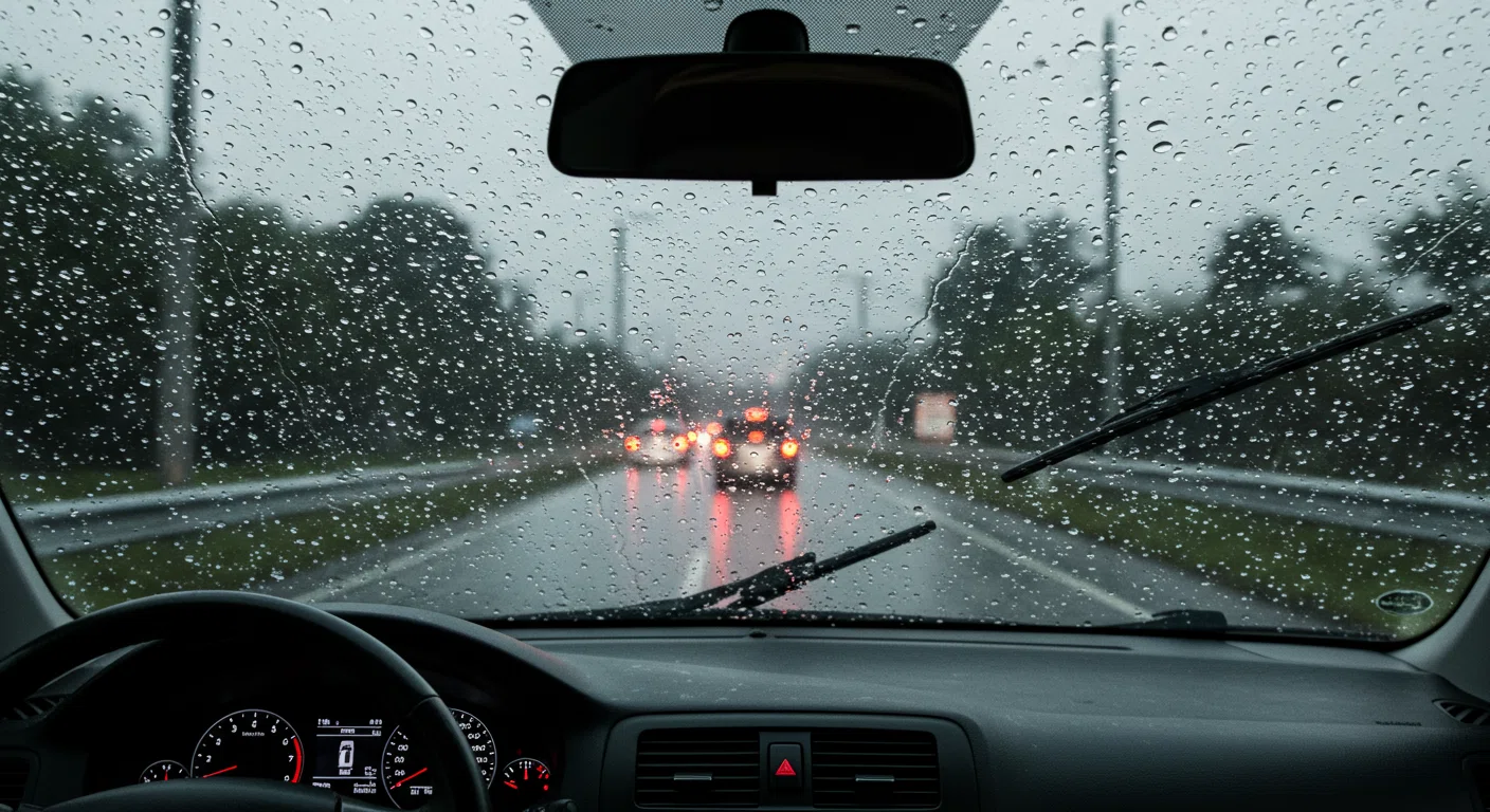 雨でぼやけたフロントガラスの視界
