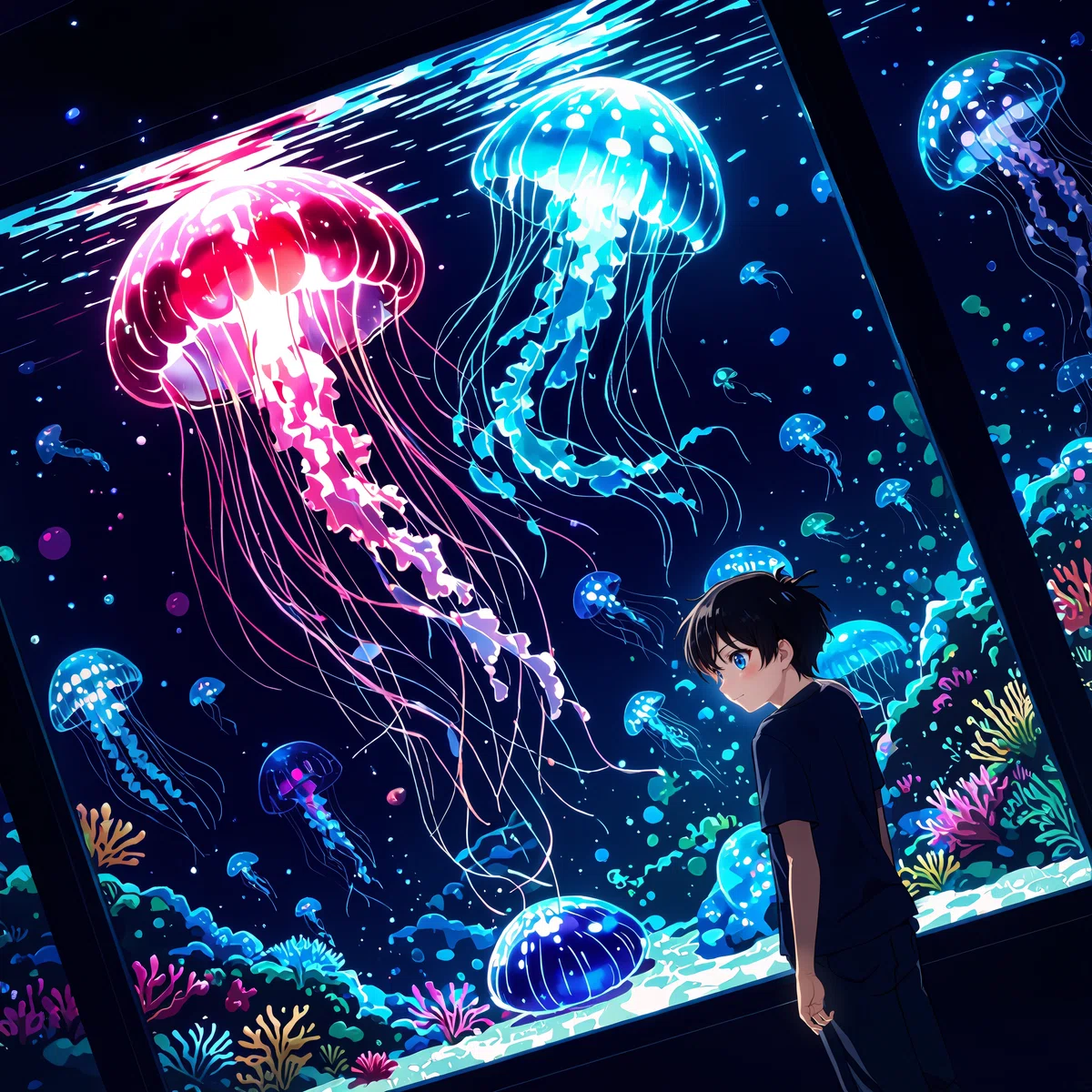 薄暗い部屋で少年が、青や紫、ピンクの光で照らされたクラゲやサンゴ礁の鮮やかな水槽を眺めるアニメ風イラスト