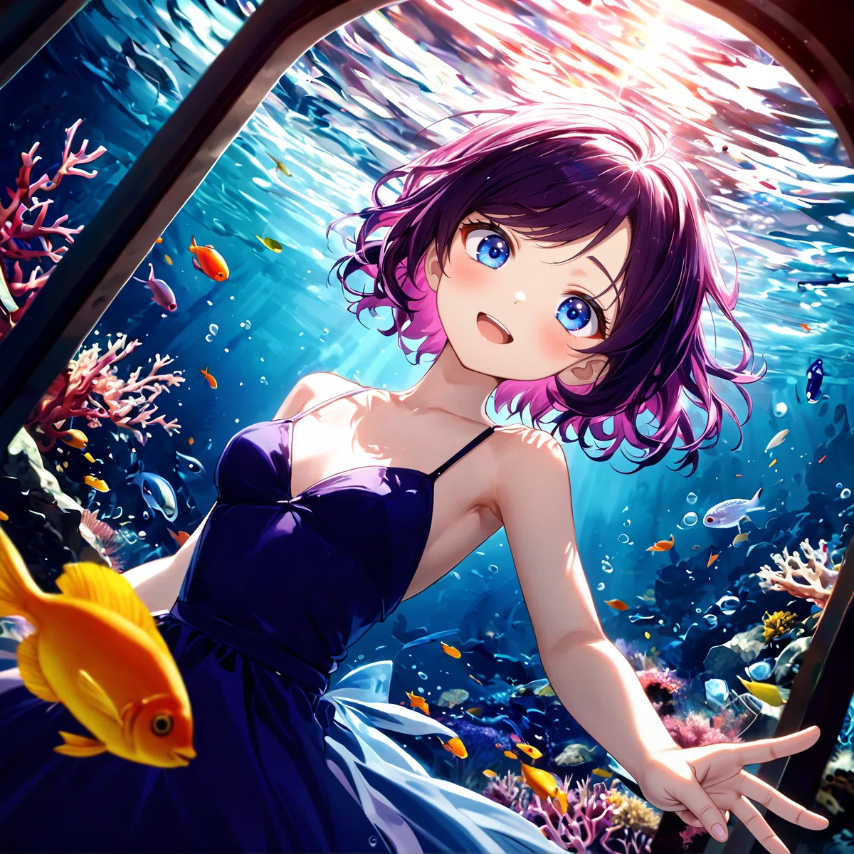 紫髪と青い目のアニメ風女性キャラクターが、色とりどりの魚やサンゴ礁、太陽光が差し込む水中シーンに囲まれたイラスト