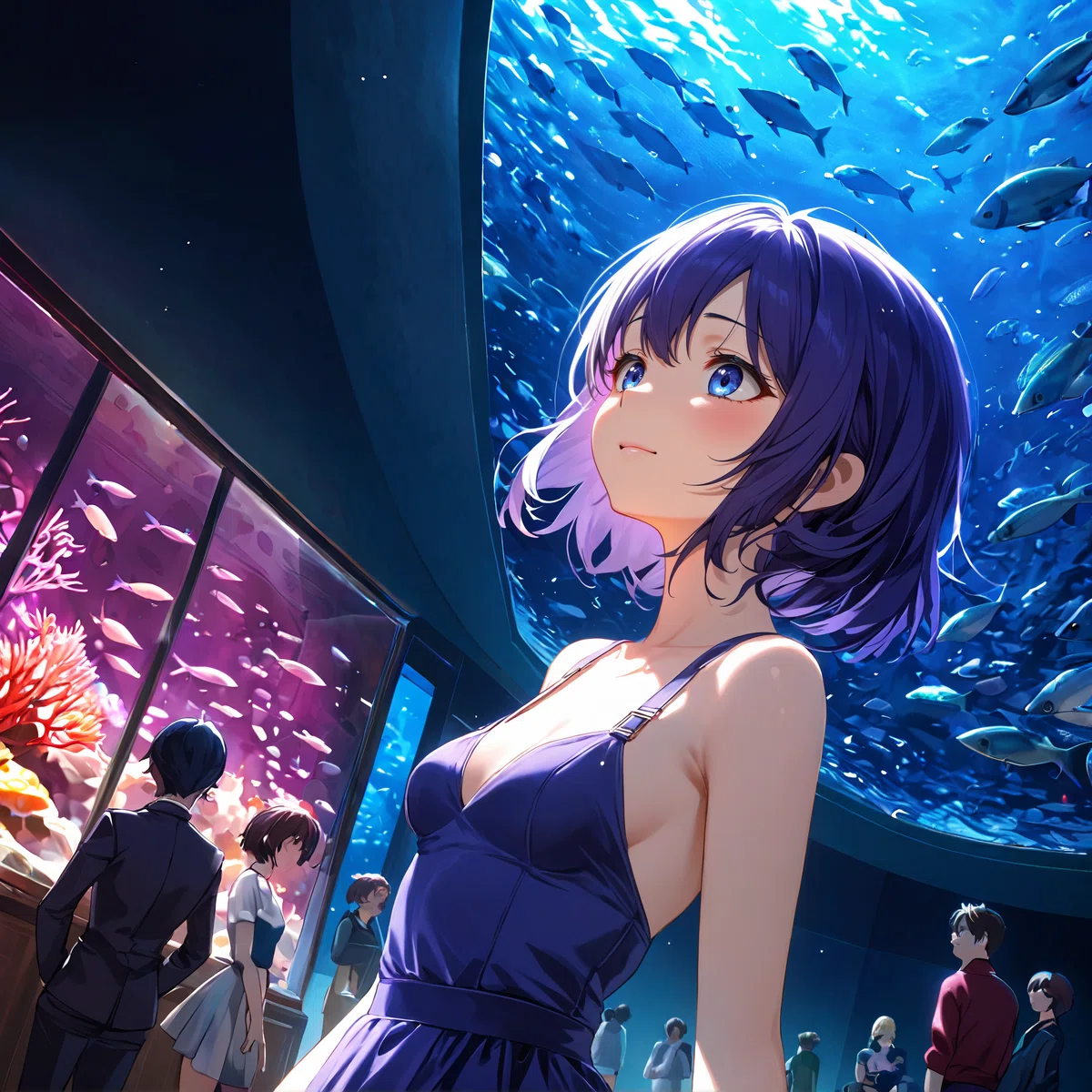 紫色のドレスを着た紫髪と青い目のアニメ風女性キャラクターが、色とりどりの魚が泳ぐ大きな水槽の前に立つイラスト