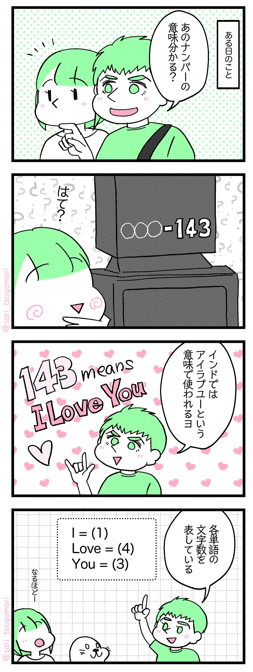 １：
ある日のこと。
指さしながら夫「あのナンバーの意味分かる？」

２：
［夫が指を差す路上の鉄箱に書いてある数字の並び、◯◯◯-143］
津籠（はて？）

３：
夫「インドではアイラブユーという意味で使われるヨ」

４：
夫「各単語の文字数を表している」
I (1)、Love (4)、You (3)
津籠（なるほどー）