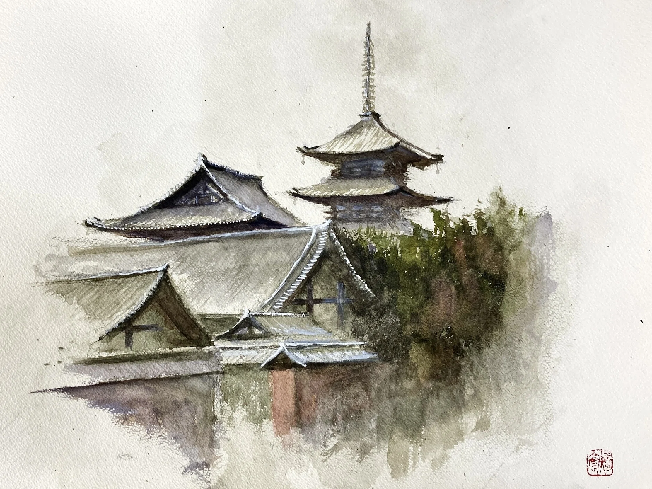 水彩画120】斑鳩は法隆寺｜tatatotoya
