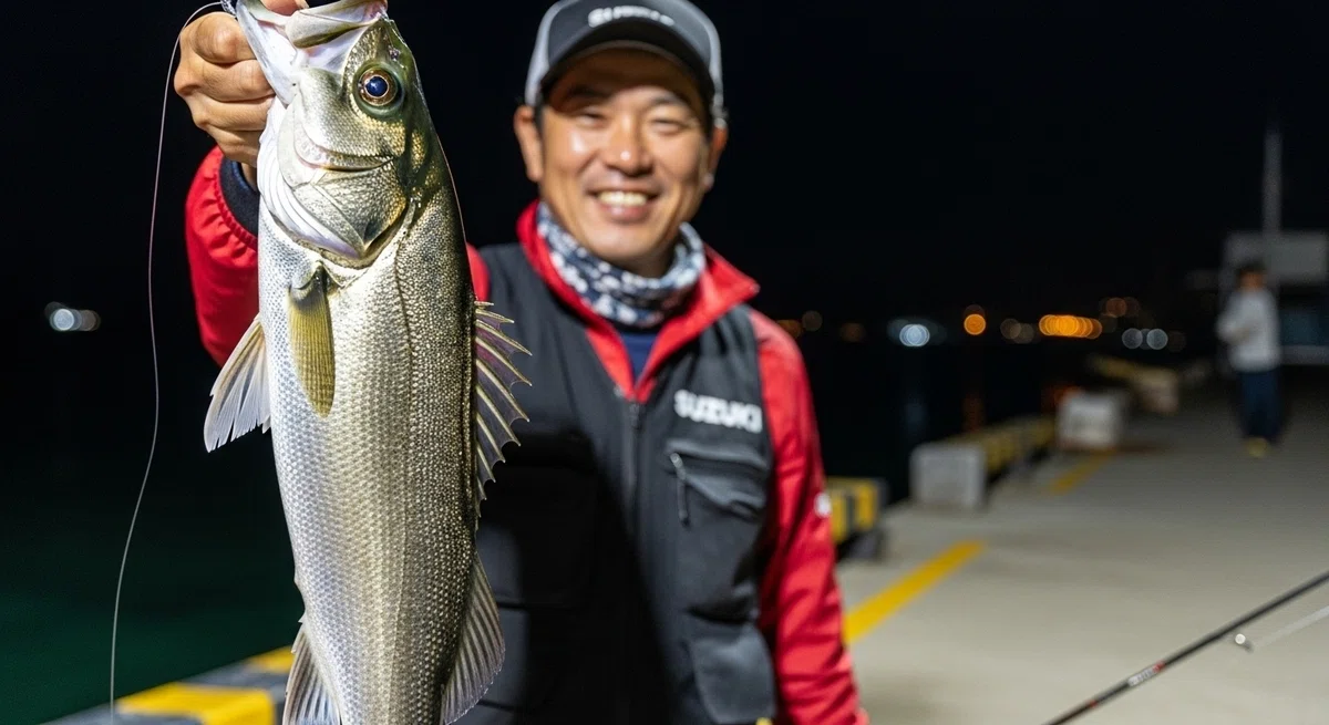 釣り上げたばかりの見事なスズキを、誇らしげな笑顔で掲げる40代の日本人釣り人。