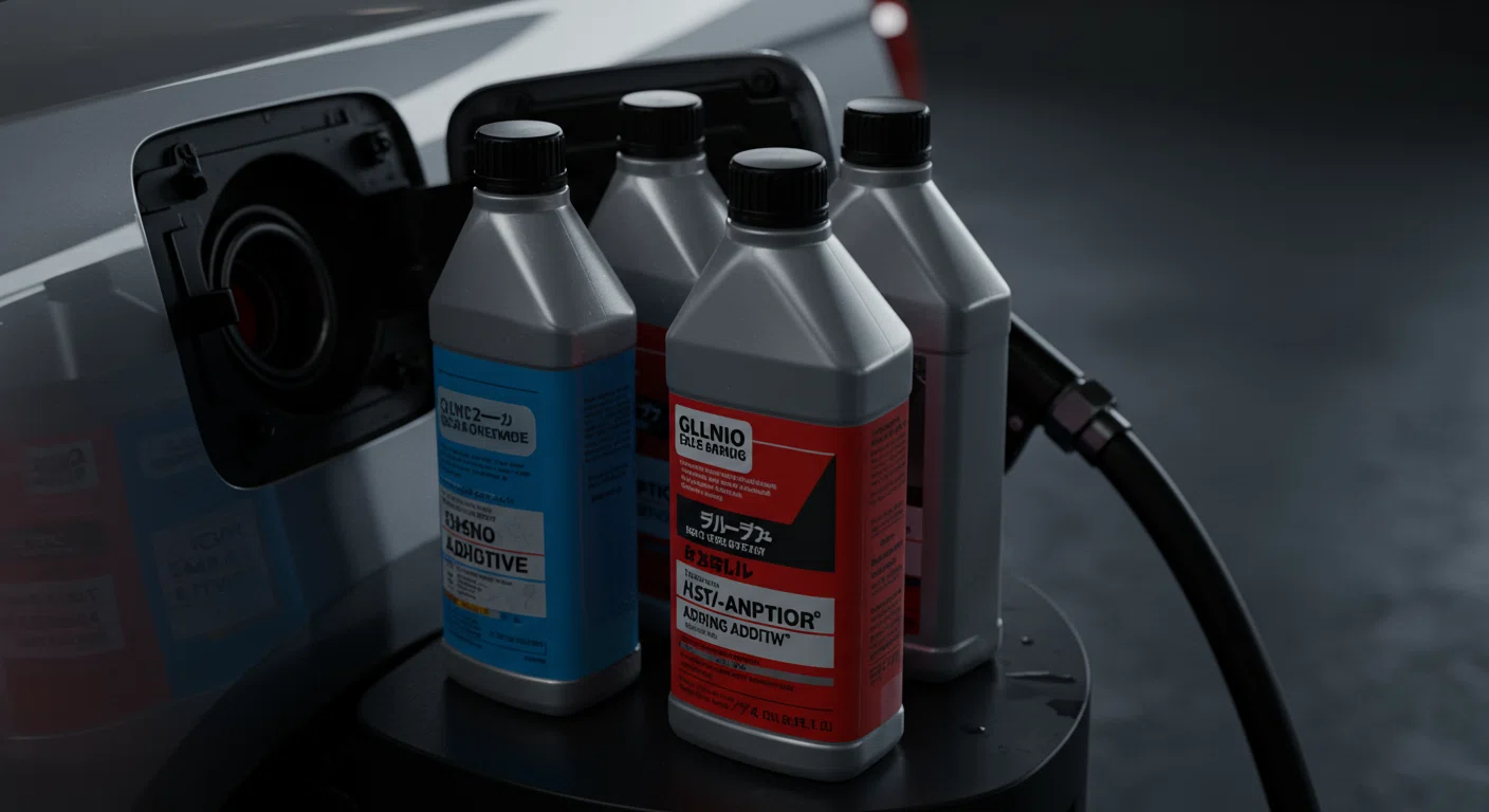 ガソリン添加剤のボトルと使用イメージ