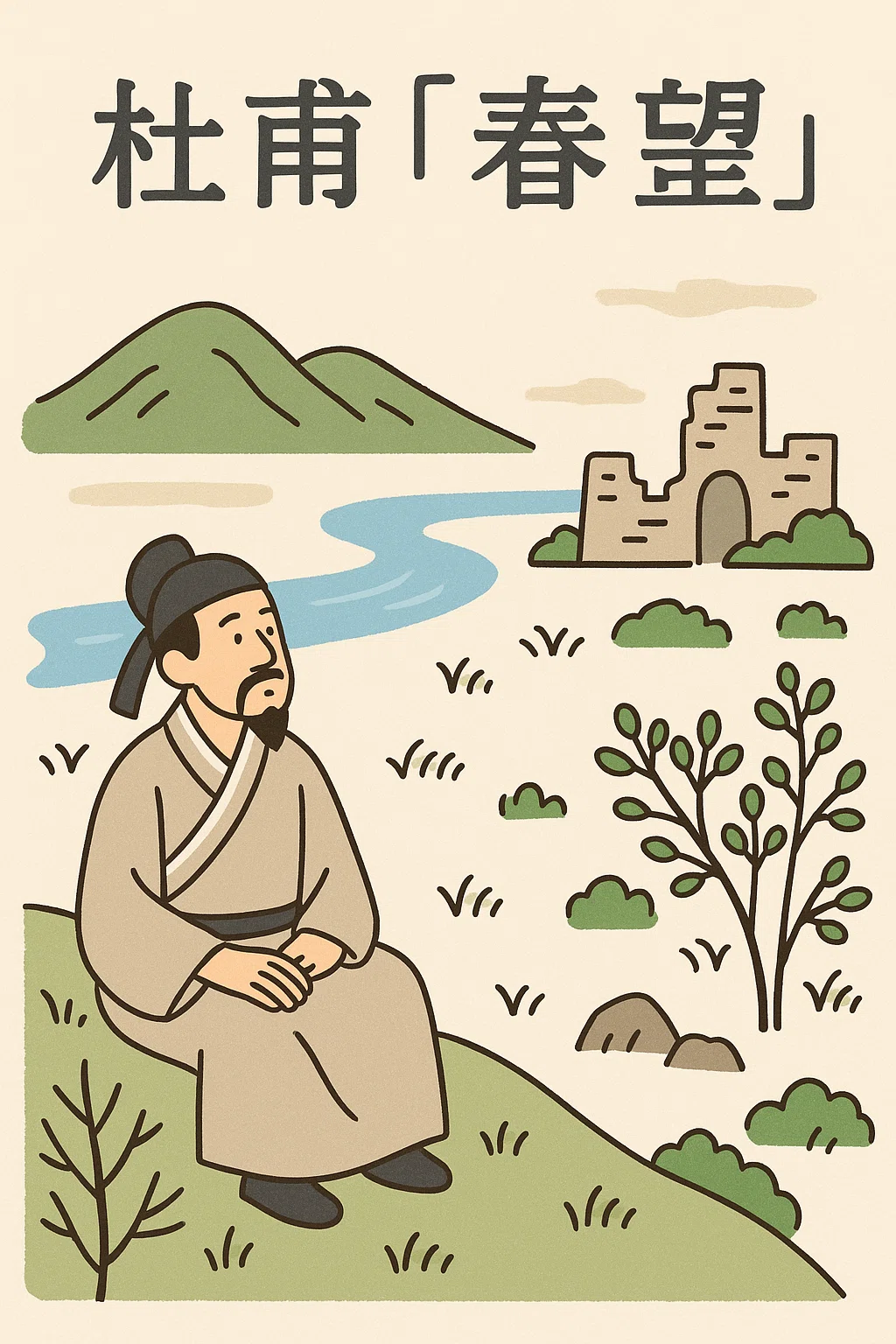 中国画　伝来　＜愛新覚羅毓峙＞　真作肉筆　古典山水画　杜甫　漢詩　春望(S-2) 中国画 伝来 ＜愛新覚羅毓峙＞ 真作肉筆 古典山水画 杜甫 漢詩 春望(S-