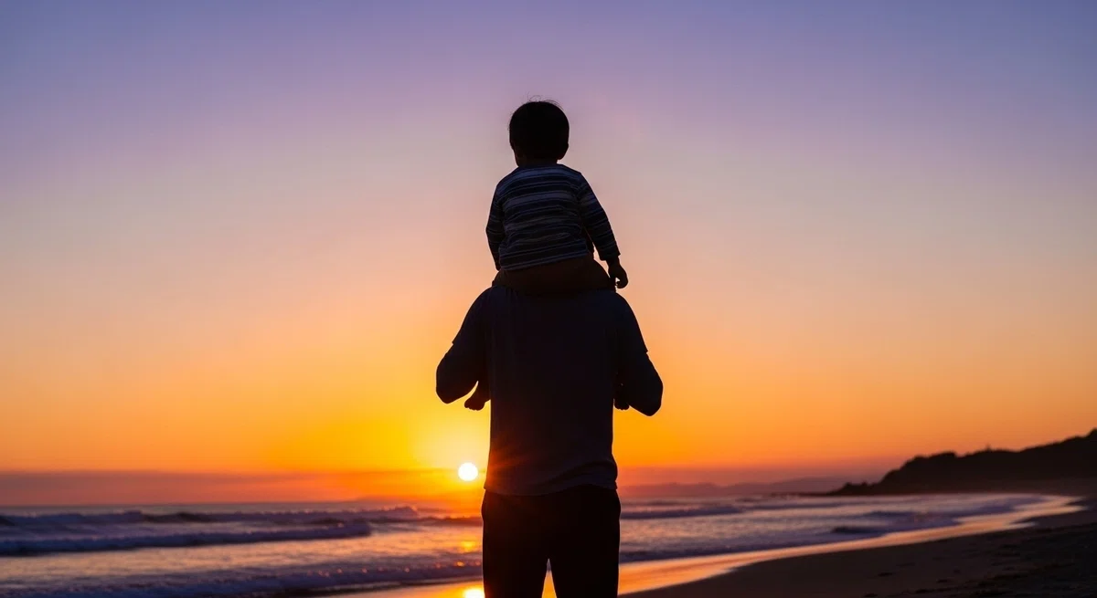 達成感と「次もまた来ようね」という未来への約束を感じさせる、父と子の最高の笑顔。