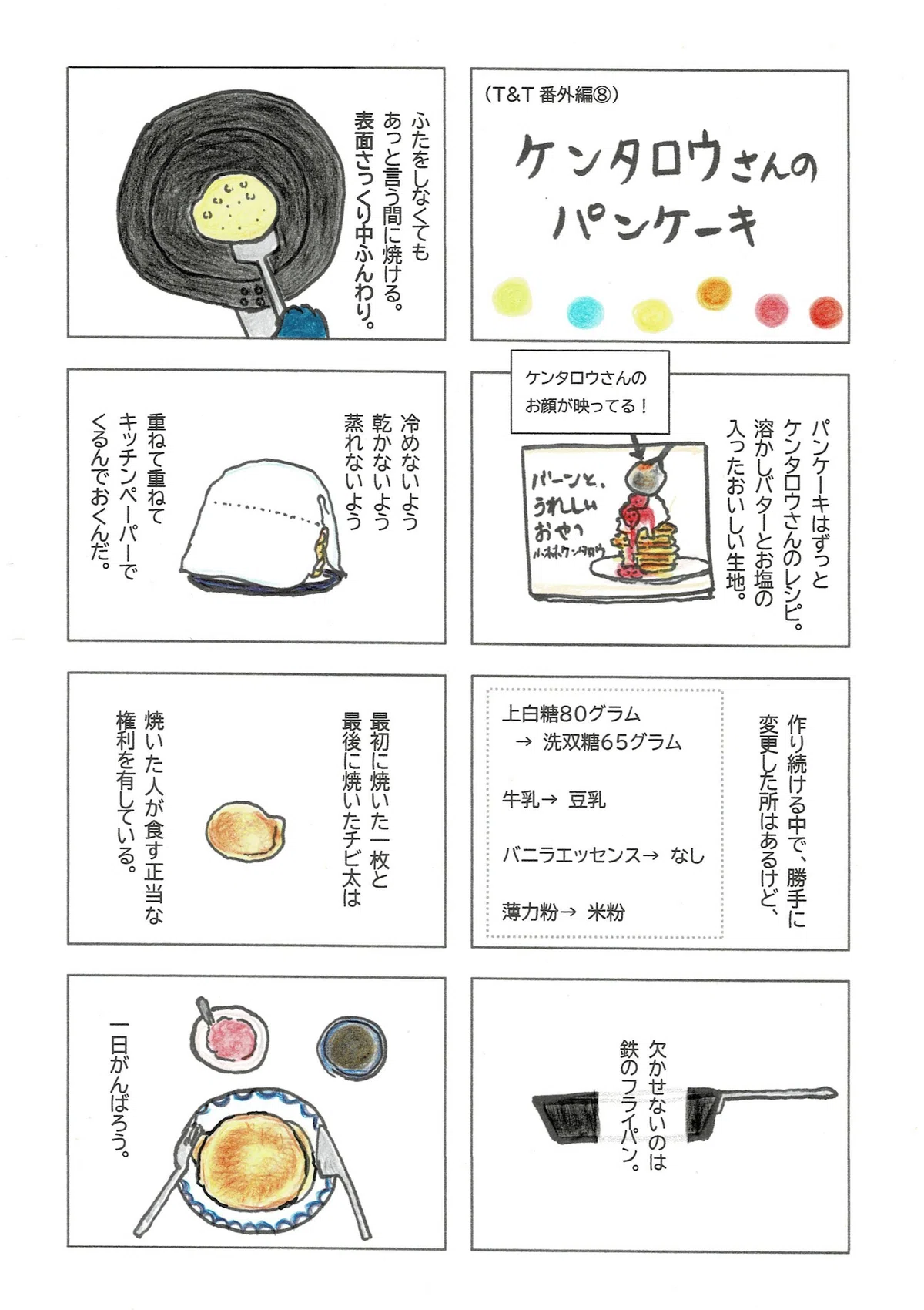 ケンタロウさんのレシピにある通り、パンケーキは鉄のフライパンで焼くとすごくおいしいよということを言いたいマンガ。