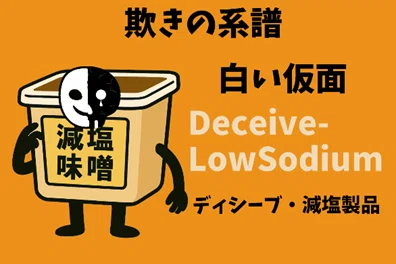 減塩味噌の容器に手足が生えたキャラクター「ディシーブ・減塩製品」。
正面には「減塩味噌」と書かれ、白と黒の仮面をつけている。背景はオレンジ。