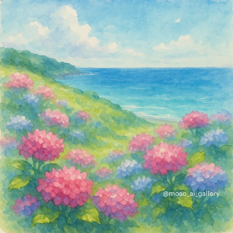 ChatGPT＋DALL·Eで紫陽花をテーマにした水彩画【付録に1件プロンプト