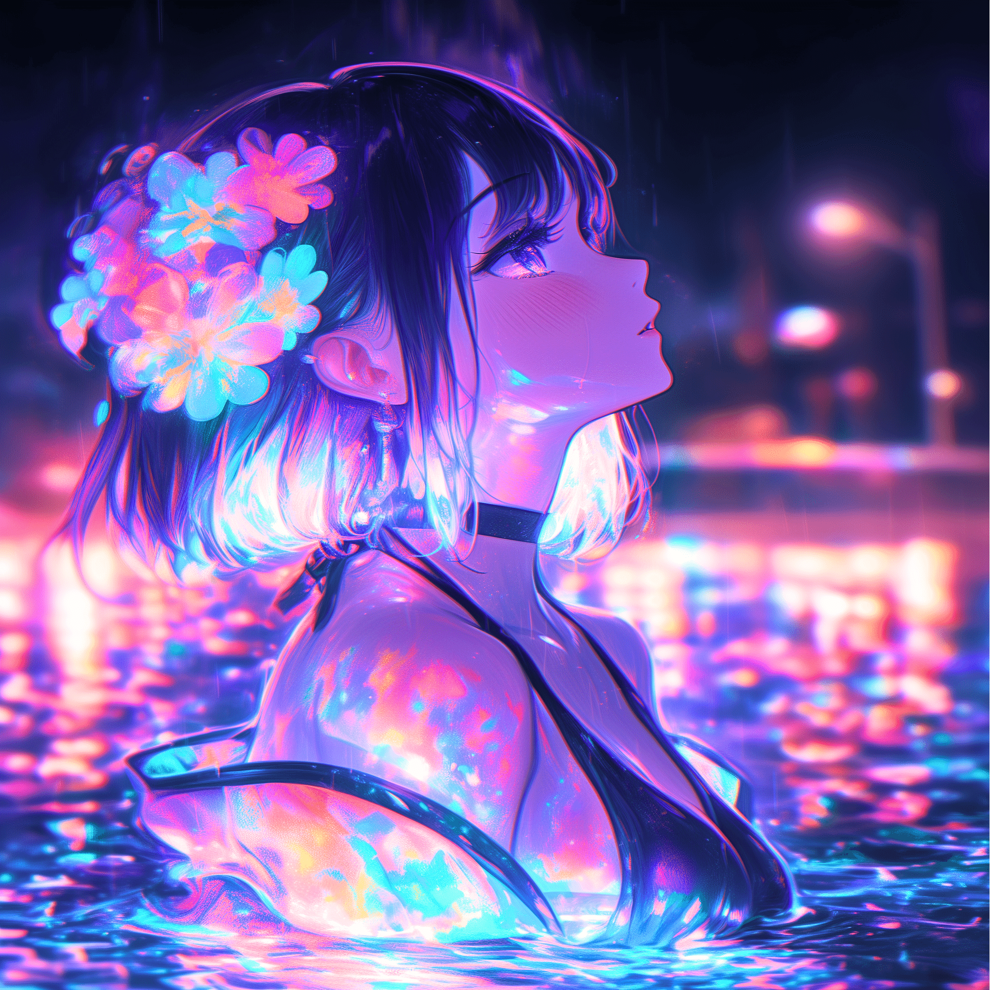 ネオンの海に滲んで【AIイラスト＋4コマ漫画】｜Alpaka