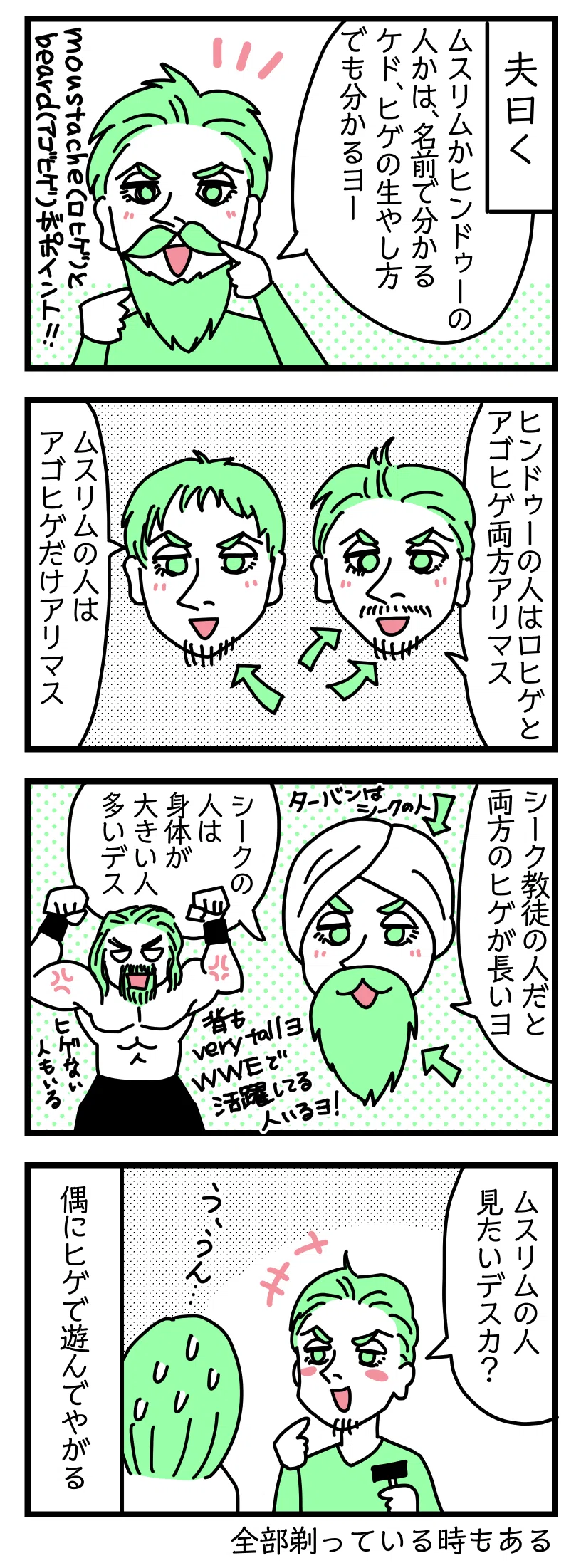 ４コマ漫画のテキスト
１：夫曰くインド人の宗派はヒゲで分かる
「ムスリムかヒンドゥーの人かは名前で分かるケド、ヒゲの生やし方でも分かるヨー。口ひげとあごひげがポイント！　
２：ヒンドゥーとムスリムの場合
夫「ヒンドゥーの人は口ひげとあごひげ両方あります。ムスリムの人はアゴヒゲだけあります」
３：シーク教徒の場合
「シーク教徒の人だと両方のヒゲ長いよ。シークの人は身体が大きい人が多いです」特徴的なターバンはシークの人。背もとても高い！　WWEで活躍している人もいる。シークでヒゲない人もいる。
４：日本にいて自由なので偶にヒゲで遊ぶ夫
アゴヒゲだけ残している夫「ムスリムの人みたいですか？」津籠「う、うん・・・」偶にヒゲで遊んでやがる。全部剃っている時もある
