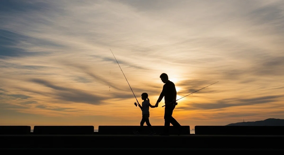 夕暮れの海を背に、家路につく父と子の後ろ姿。