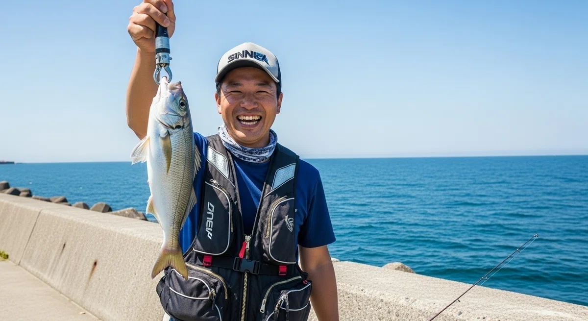 日本人男性が堤防で魚を釣り上げ、喜んでいる様子。