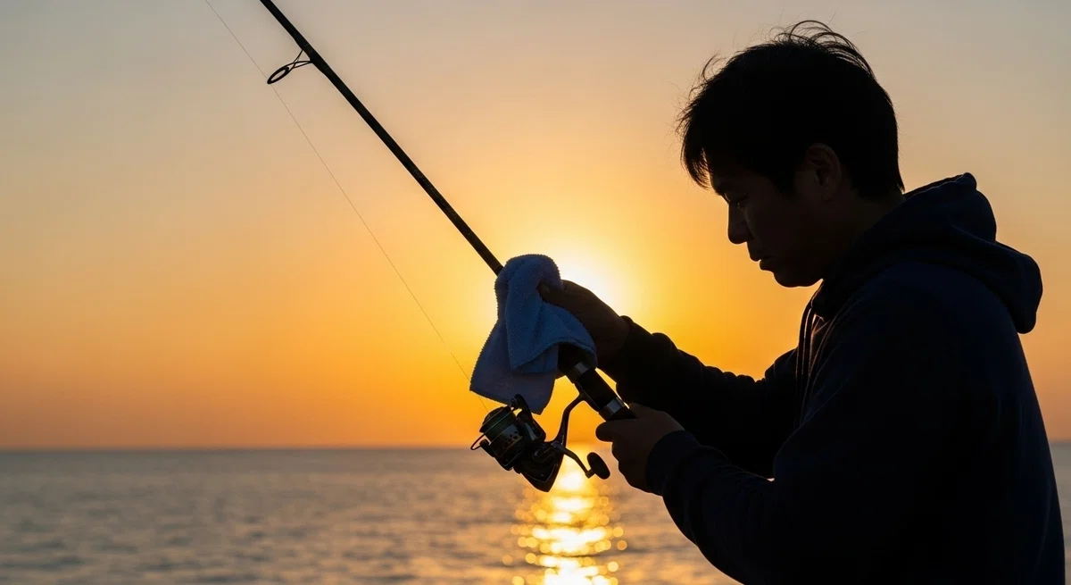釣りを終え、夕日を背に道具を片付ける
