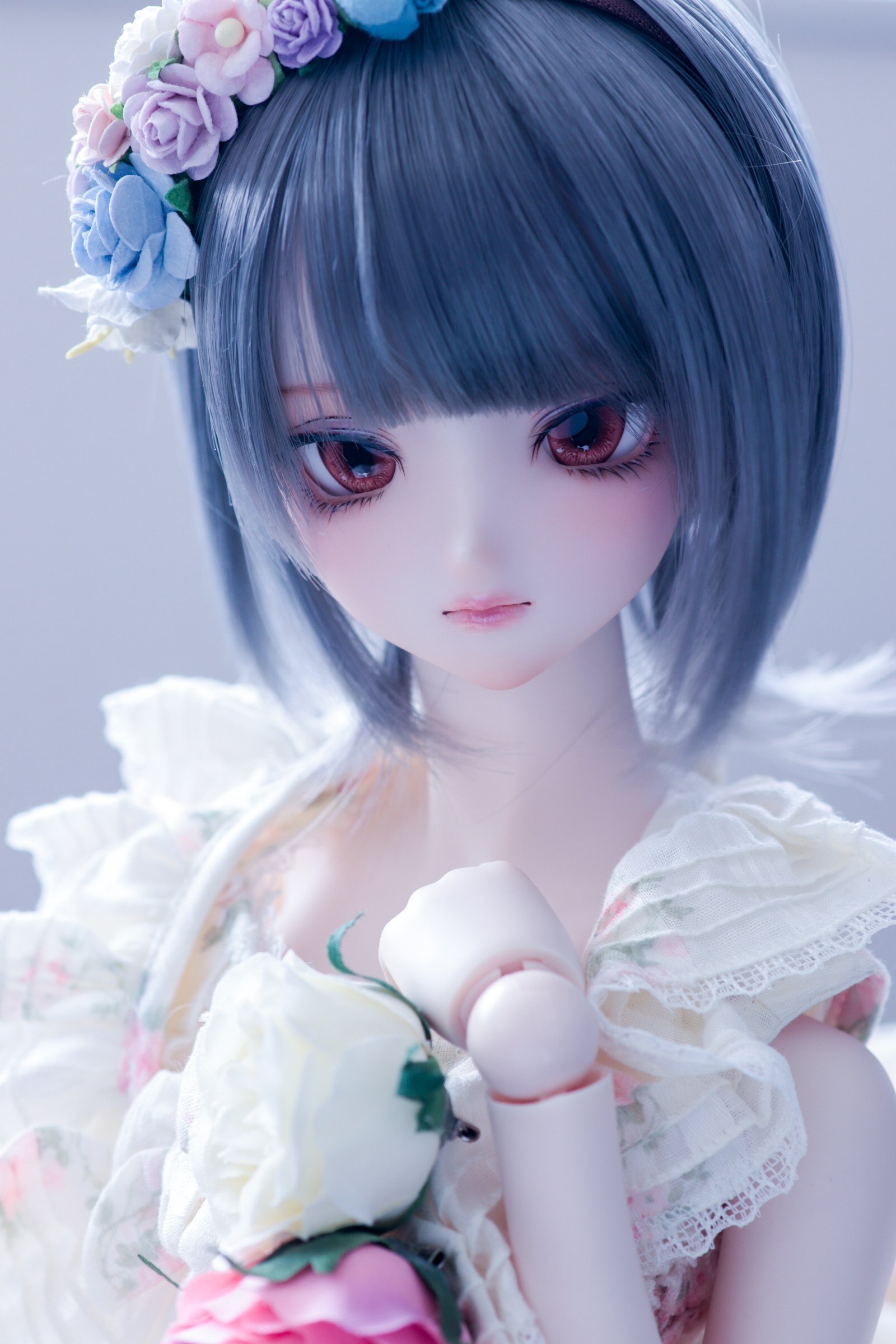 ♡カスタムアイシードール♡ 白肌　薄茶mix ストレート毛先カール　可愛い カスタムアイシードール 白肌 薄茶mix ゆるふわウェーブ