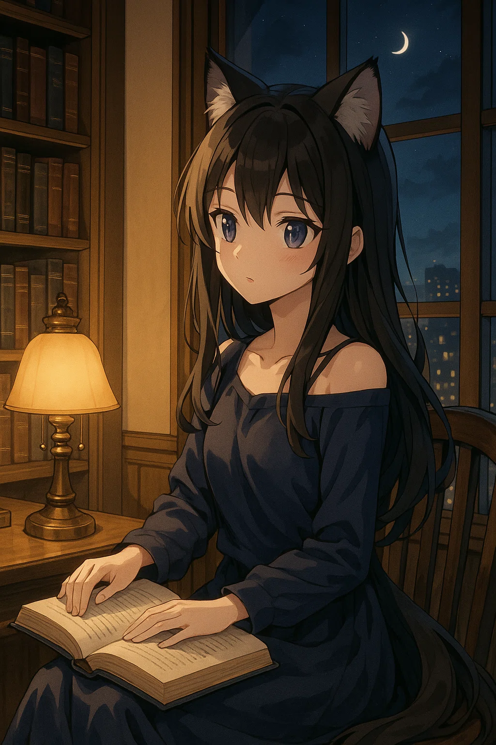 アリスの画像生成チャレンジ【第2弾】猫耳少女 × 書斎 × 夜景で“物語の
