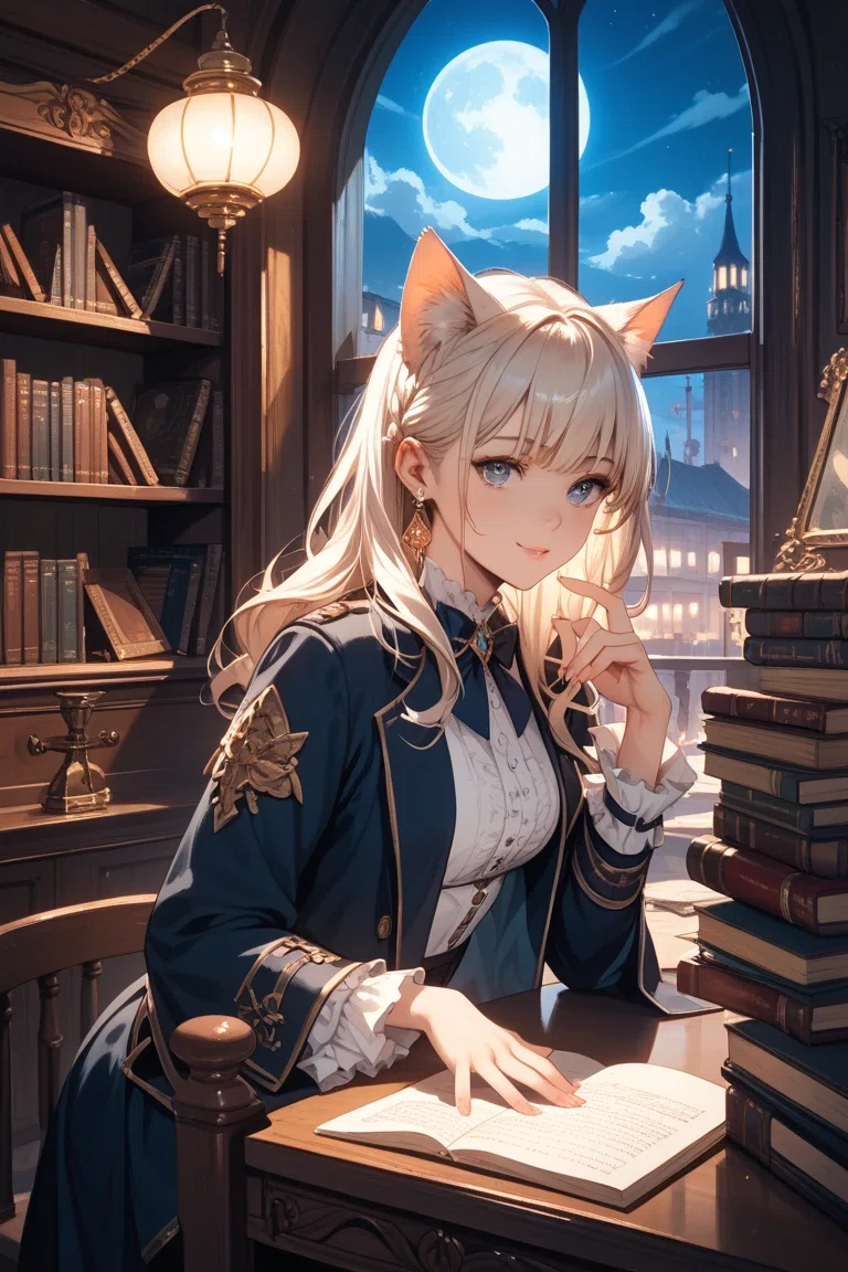 アリスの画像生成チャレンジ【第2弾】猫耳少女 × 書斎 × 夜景で“物語の