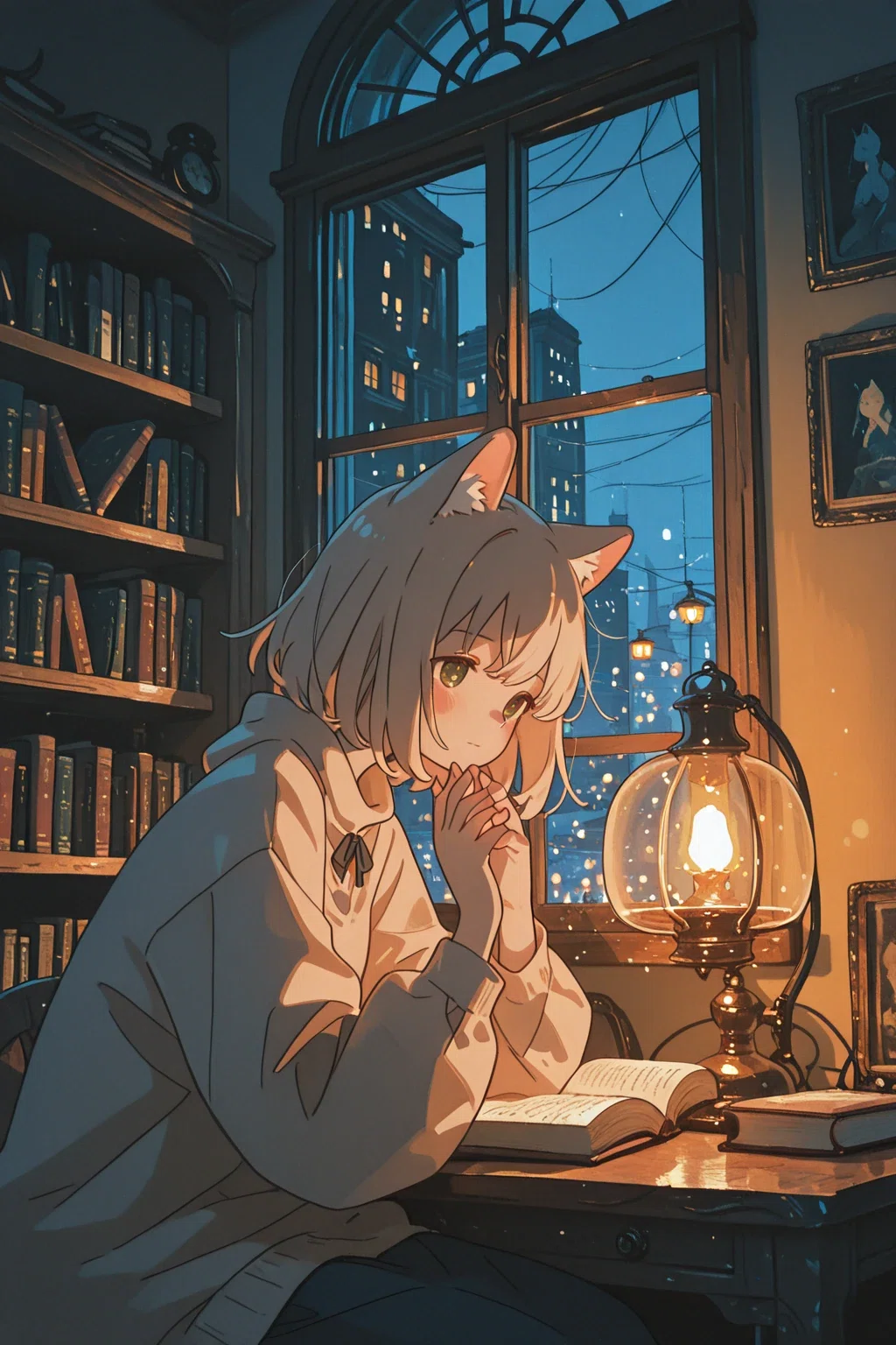 アリスの画像生成チャレンジ【第2弾】猫耳少女 × 書斎 × 夜景で“物語の アリスの画像生成チャレンジ【第2弾】猫耳少女 × 書斎 × 夜景で“物語の