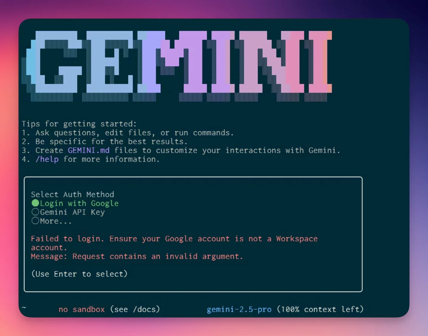 Gemini CLI を Google Workspace アカウントで使えるように設定した