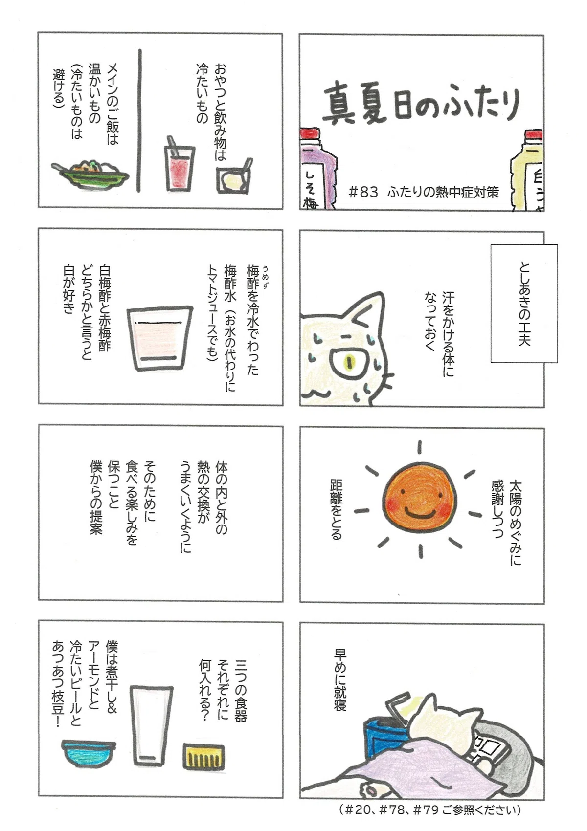 としあきの熱中症対策。主に予防法について。熱と夜更かしを避けて、食欲を落とさないよう楽しく食事をすることの提案。