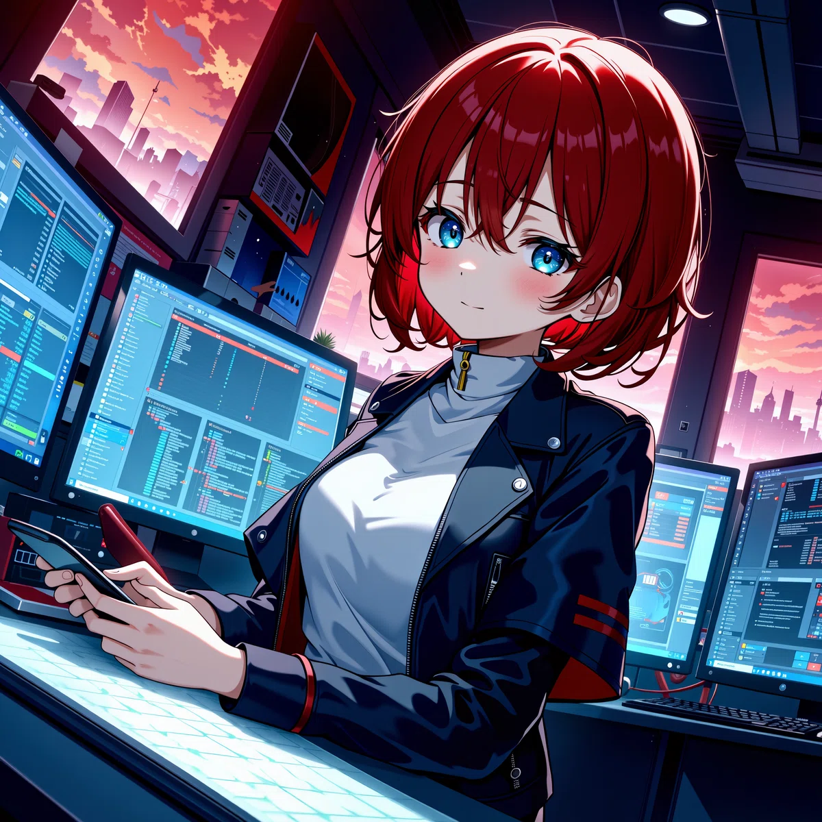 an animated female character with red hair and blue eyes sits at a desk in a high - tech control room surrounded by computer screens displaying various data and graphs