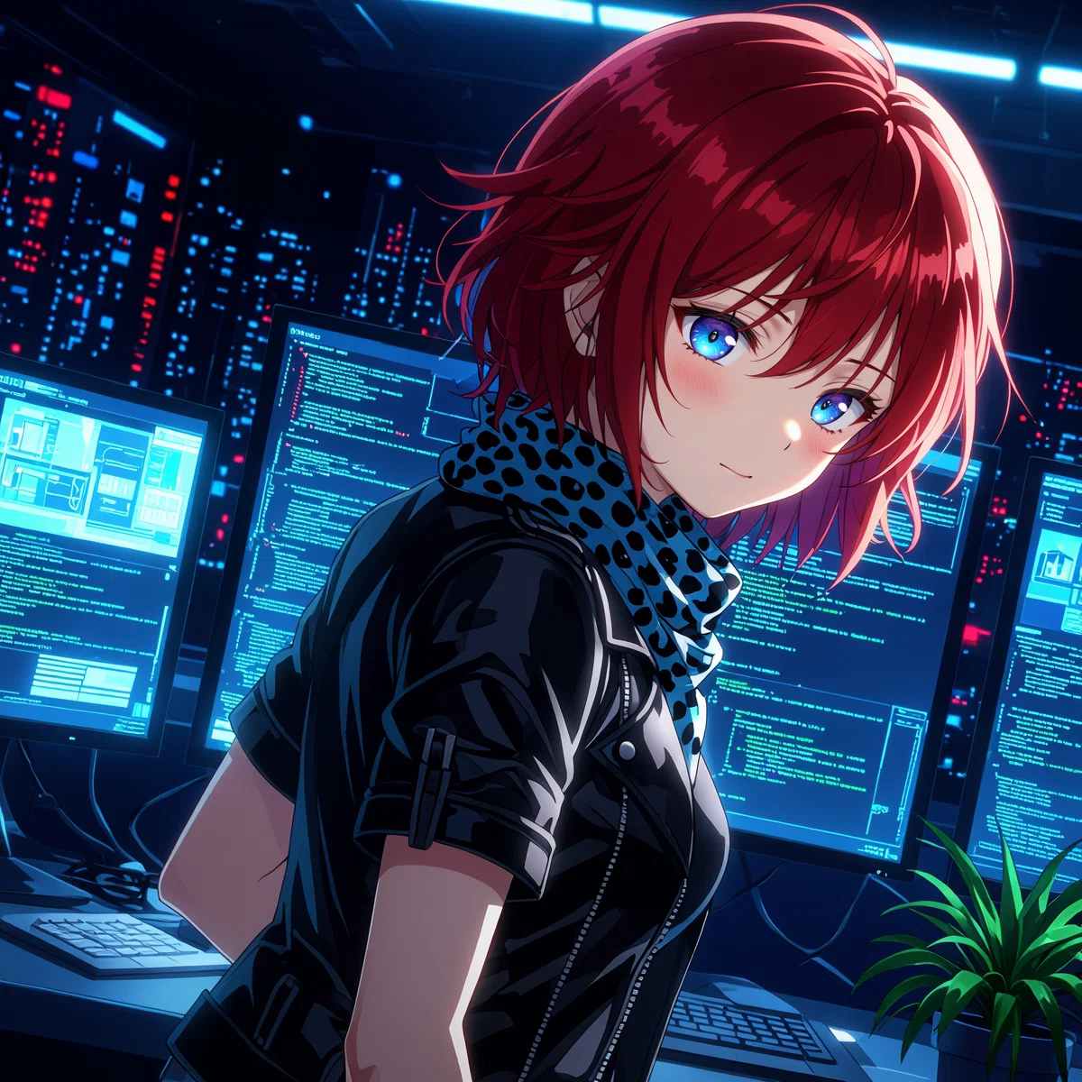 an animated female character with red hair and blue eyes wears a black outfit with a blue scarf standing in front of a computer screen in a dimly lit room filled with blue and red lights