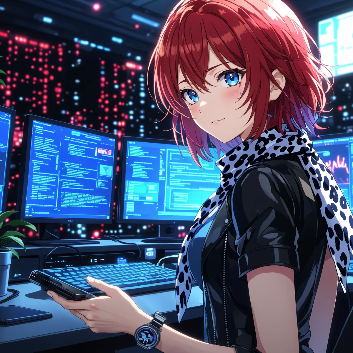 an animated female character with red hair and blue eyes sits at a desk in a dimly lit room surrounded by computer monitors and a potted plant wearing a black outfit with a leopard - print scarf