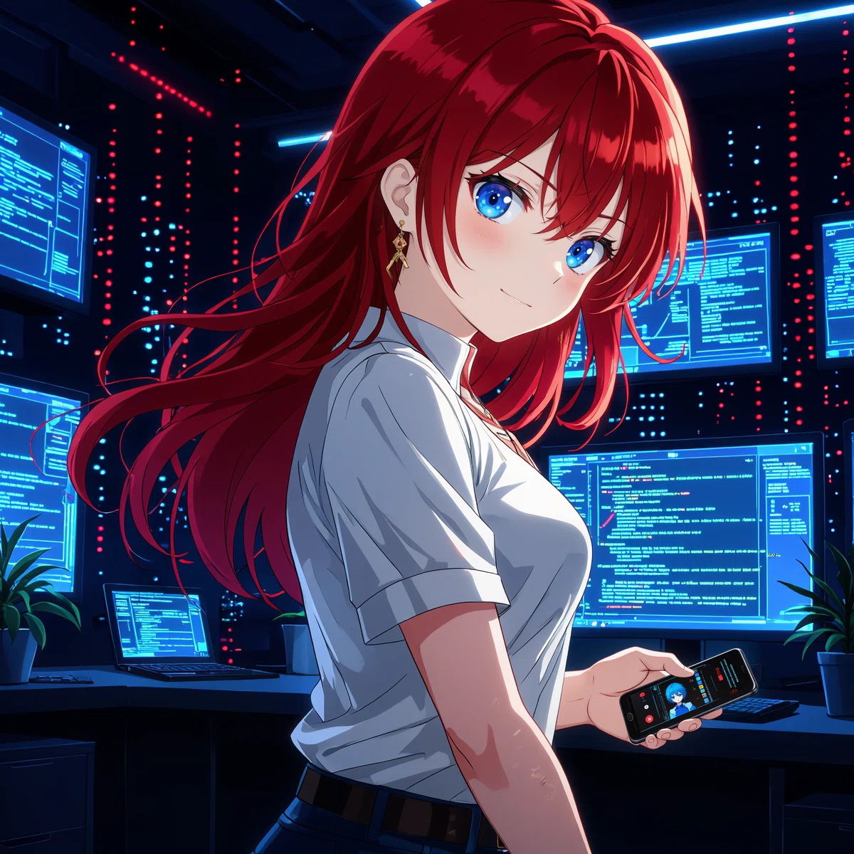 an animated female character with red hair and blue eyes wears a white shirt and blue jeans while holding a remote control stands in a dimly lit room filled with computer screens