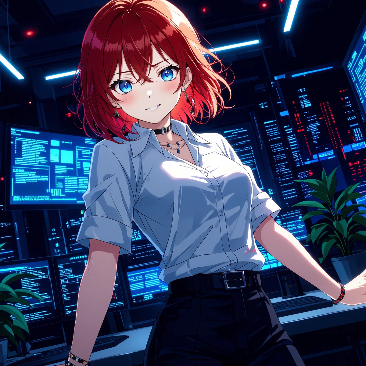 an animated female character with red hair and blue eyes wears a white blouse and black pants standing in front of a futuristic control room filled with blue lights 