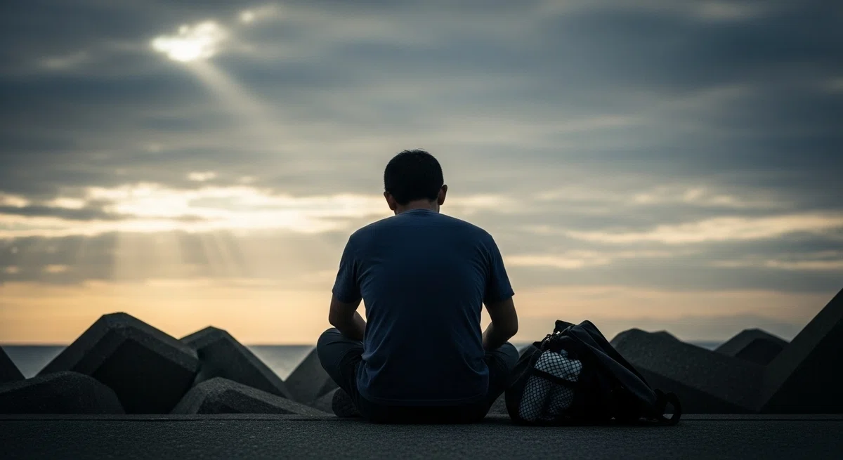夕暮れの堤防で一人、寂しそうに片付けをする日本人釣り人の後ろ姿。