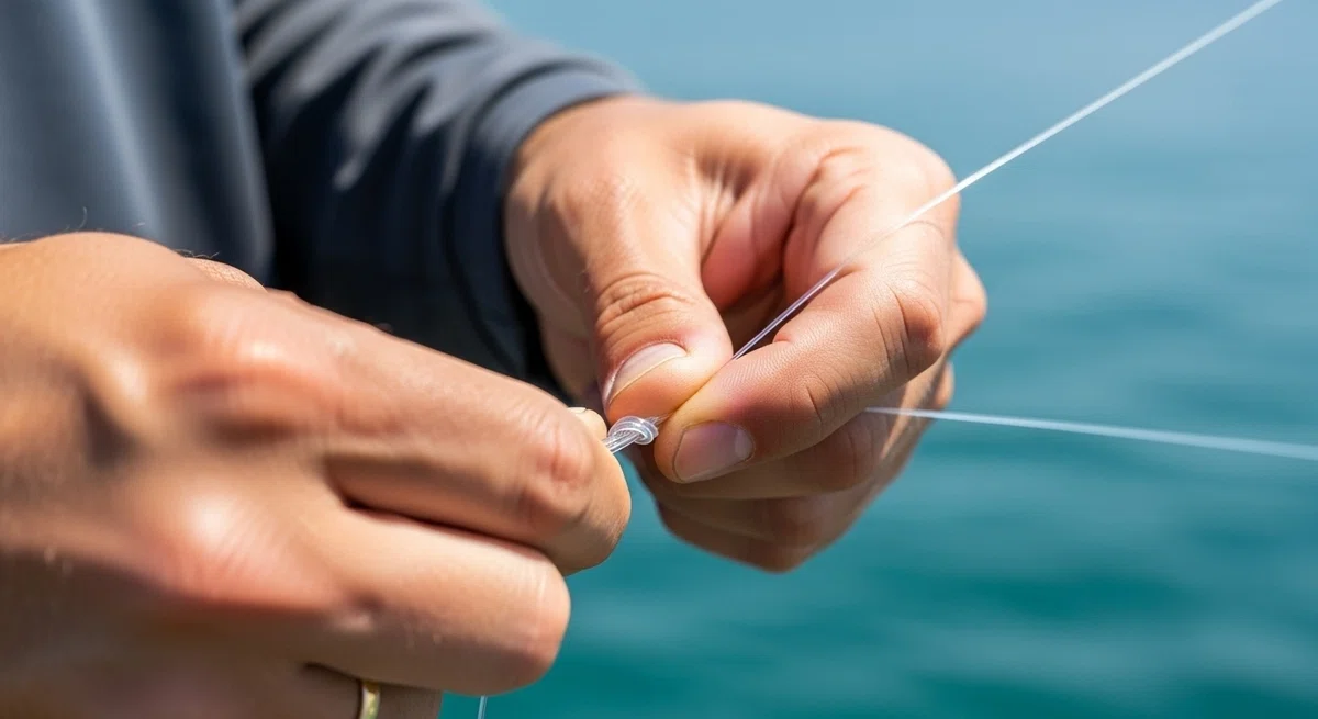 フロロカーボンのハリスに、釣り針を結んでいる職人のような手元