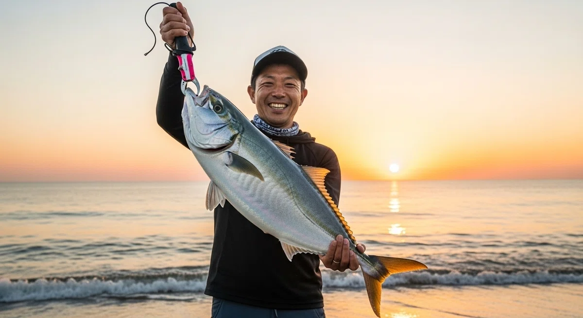 「日本人」が「感動的な風景」である夕焼けの「海」で、見事な「魚」を手に満面の笑みを浮かべている。
