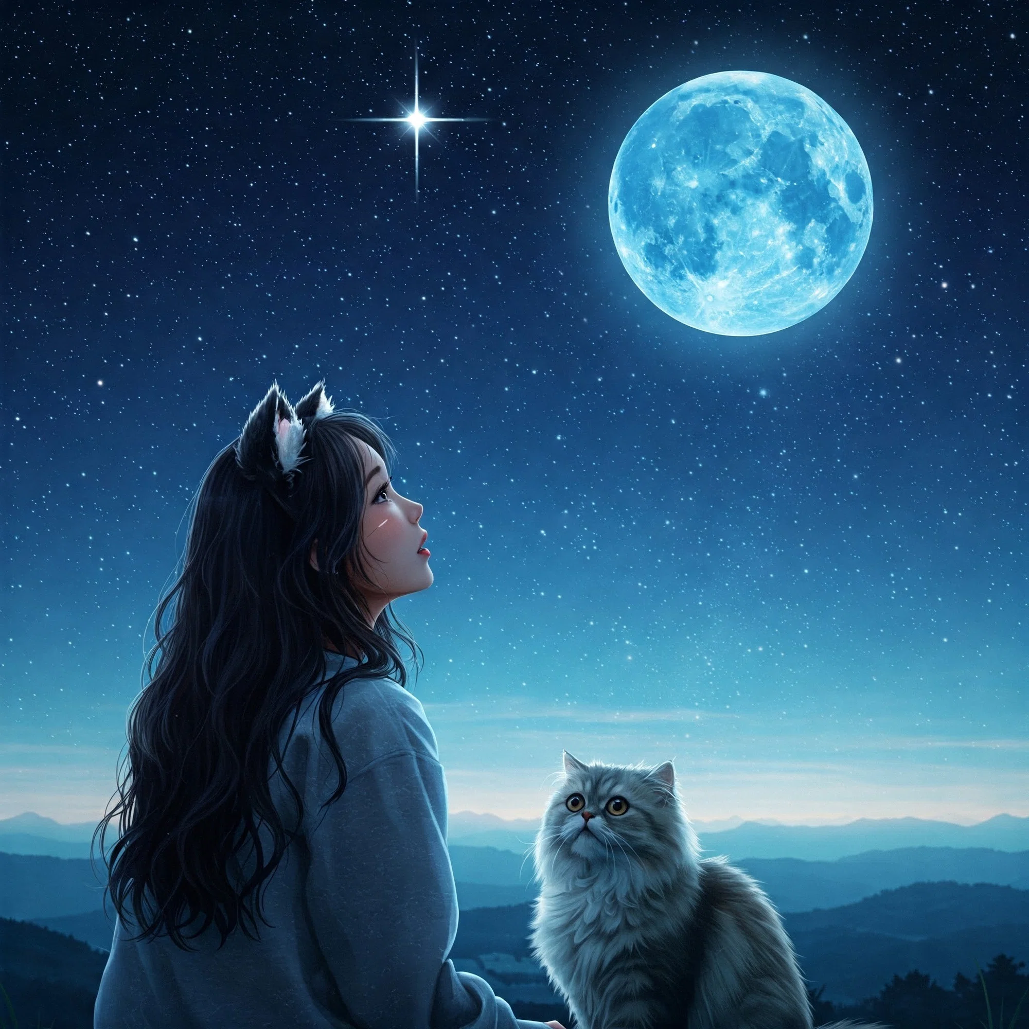 夜空に祈る女性と猫｜